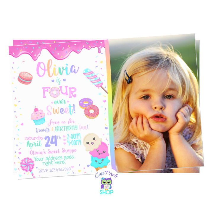 Four ever sweet birthday invitation. Sweet birthday invitation for fourth birthday with colorful sprinkles, ice cream, sweets, candy and doughnuts. White Background with child's photo