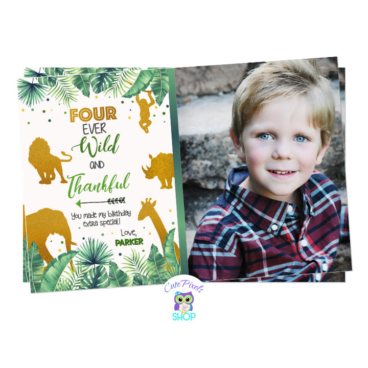 Four Ever Wild Thank You Card for Boy. Safari Card with tropical leaves and wild animals in gold and green. Design with Child's Photo