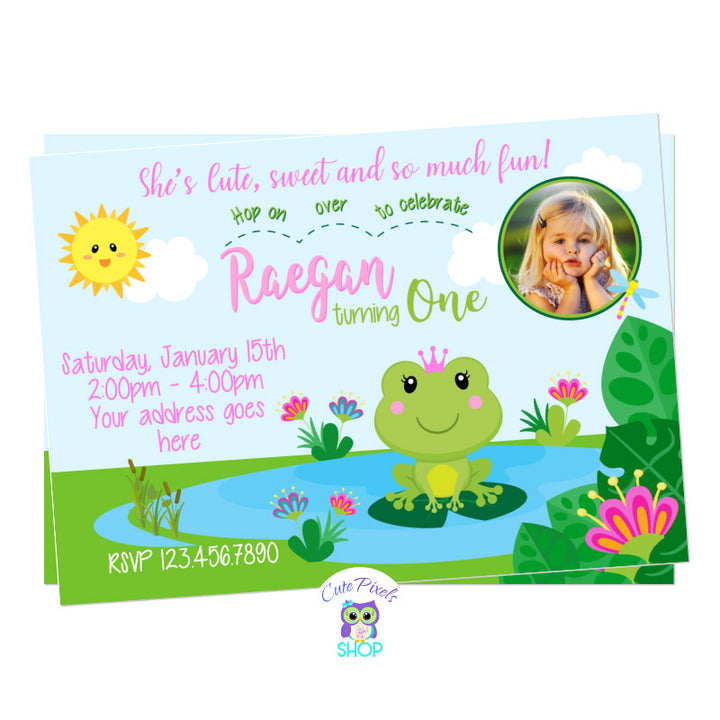 Frog birthday invitation, cute princess frog birthday invitation with a cute frog wearing a crown in a pond, pink and green colors. Includes Child's Photo