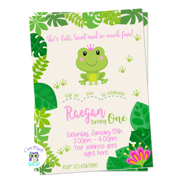 Frog Birthday invitation with a Cute frog wearing a crown surrounded by leaves and frog paws