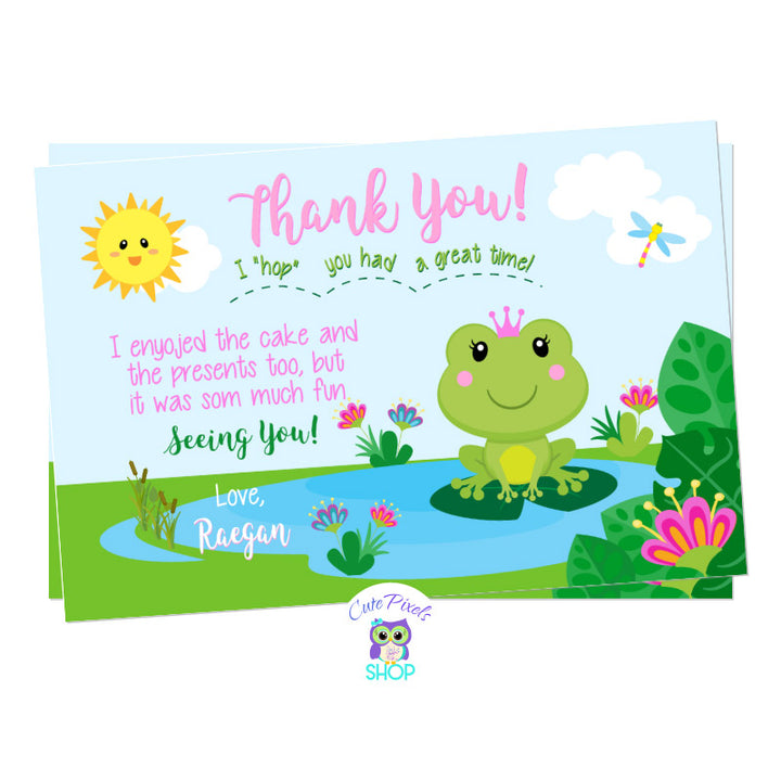Frog thank you card, cute princess frog card with a cute frog wearing a crown in a pond, pink and green colors. 