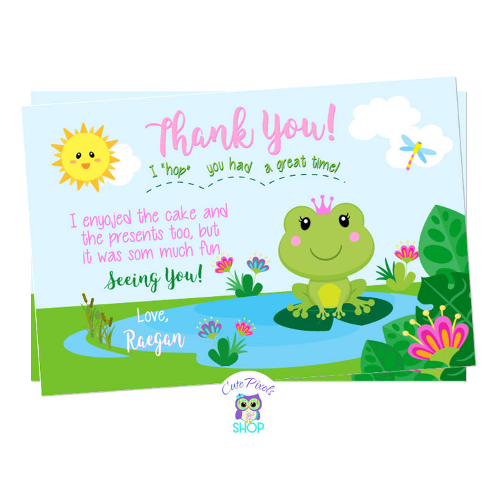 Frog thank you card, cute princess frog card with a cute frog wearing a crown in a pond, pink and green colors. 