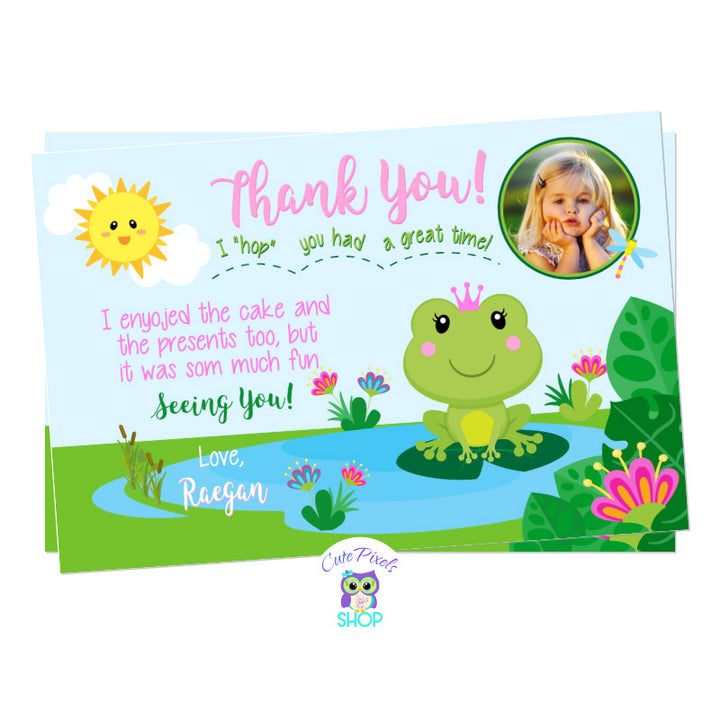 Frog thank you card, cute princess frog card with a cute frog wearing a crown in a pond, pink and green colors. Includes Child's photo.