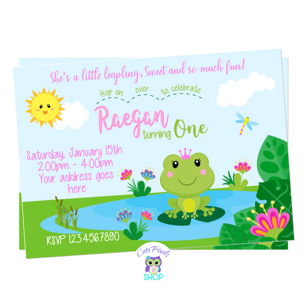 Frog birthday invitation, leap day birthday invitation with a cute frog wearing a crown in a pond, pink and green colors