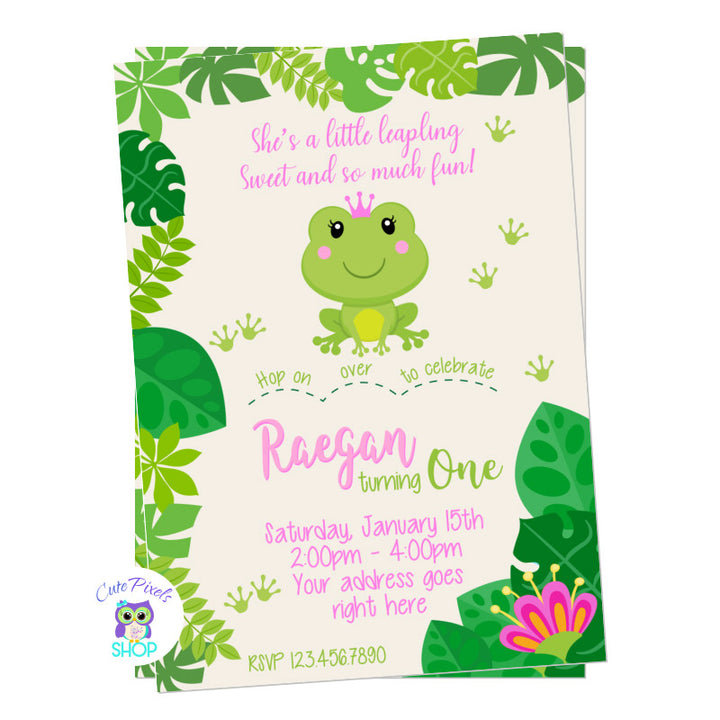 Frog Birthday invitation with a Cute frog wearing a crown surrounded by leaves and frog paws, perfect for a Leap birthday