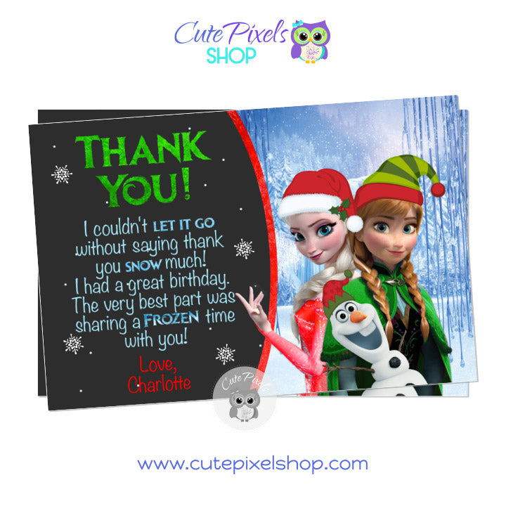 Disney Frozen Christmas Birthday Thank You Card, Elsa, Anna and Olaf Christmas Card