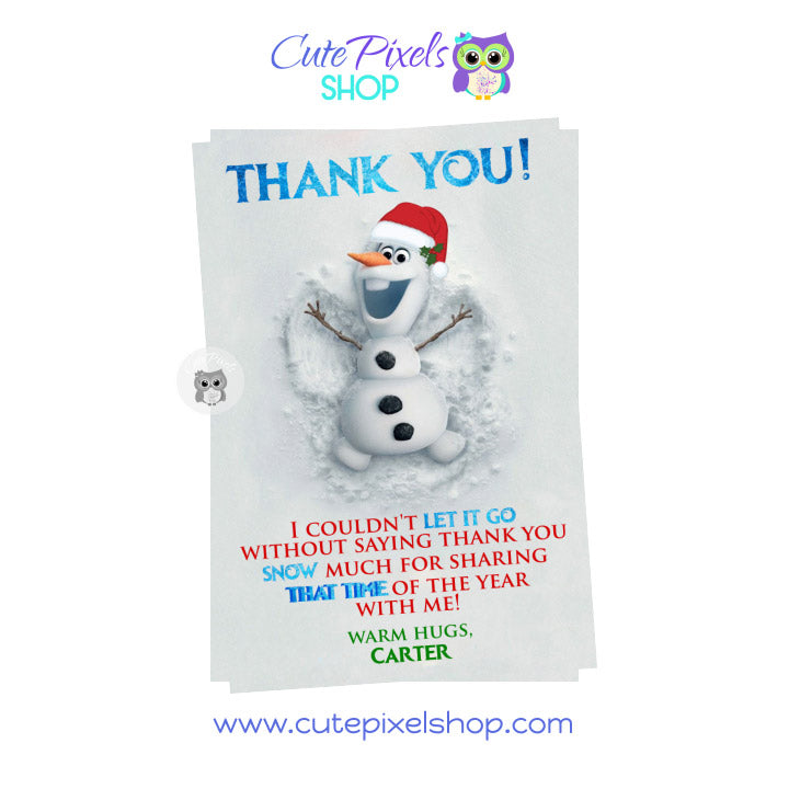 Olaf Christmas Birthday Thank You Card, Olaf making angels with christmas hat
