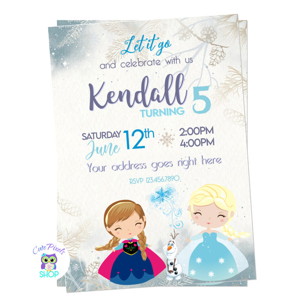 Frozen Invitation with queen Elsa, Princess Anna and Olaf in an elegant winter background
