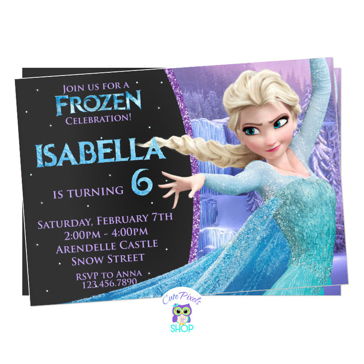 Disney Frozen Invitation. Queen Elsa birthday invitation with a chalkboard background, Elsa and lots of snow.