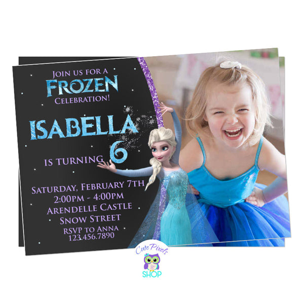 Disney Frozen Invitation. Queen Elsa birthday invitation with a chalkboard background, Elsa and lots of snow. Includes your child's photo