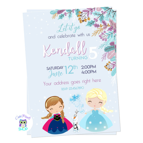 Frozen Invitation with queen Elsa, Princess Anna and Olaf in light blue background with teal and purple leaves in the corner.
