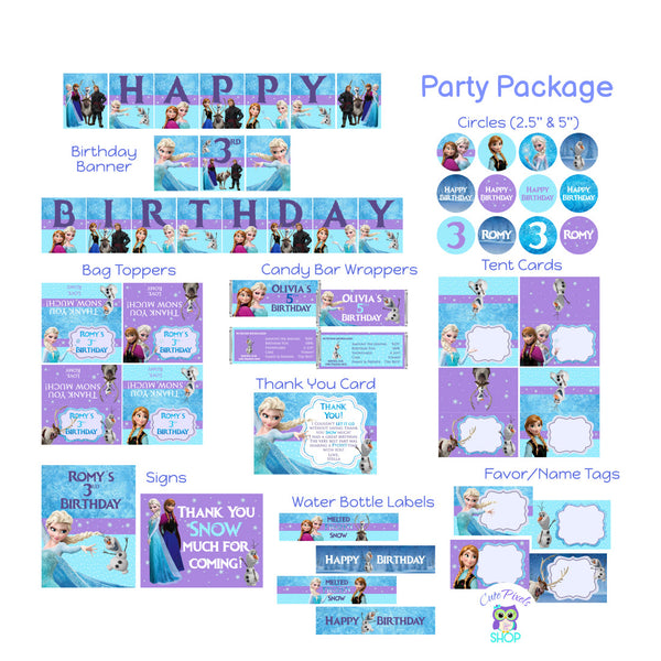 Disney Frozen Party decorations for a Frozen birthday party. Includes Birthday Banner, Cupcake toppers, Bag toppers, Cand Bar Wrappers, Place cards, signs, water bottle lables and favor tags