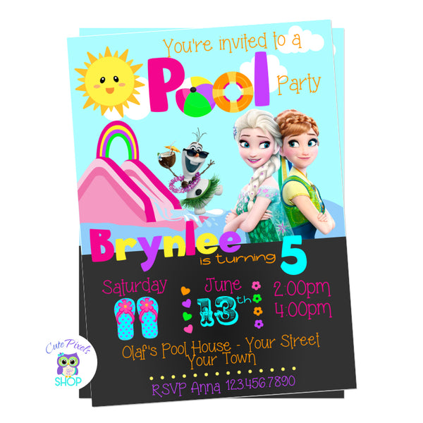 Disney Frozen Invitation for a Pool party or a Summer Birthday Party. Elsa, Anna and Olaf are in a pool ready to celebrate your child's birthday.