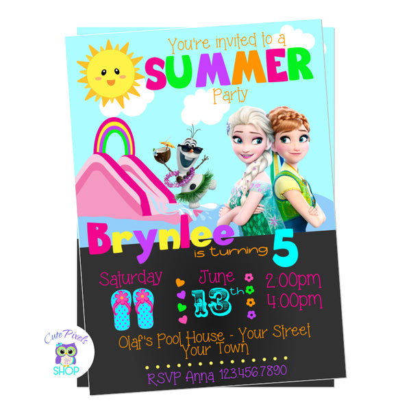 Frozen Summer Birthday invitation with Elsa, Anna and Olaf from Frozen movie in a Pool enjoying summer.