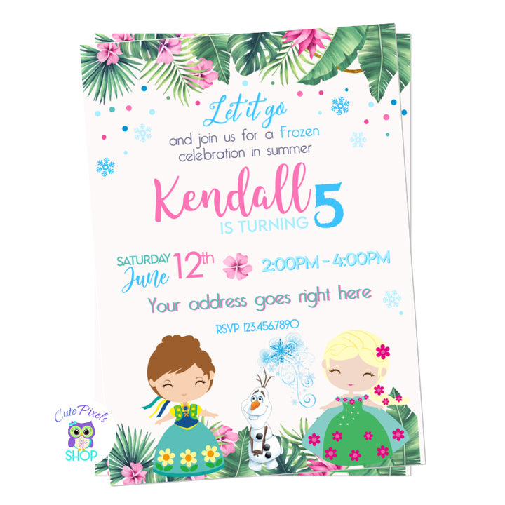 Frozen Invitation with a Summer design for a Frozen Summer birthday, full of summer flowers and snowflakes, Anna, Elsa and Olaf ready for Summer