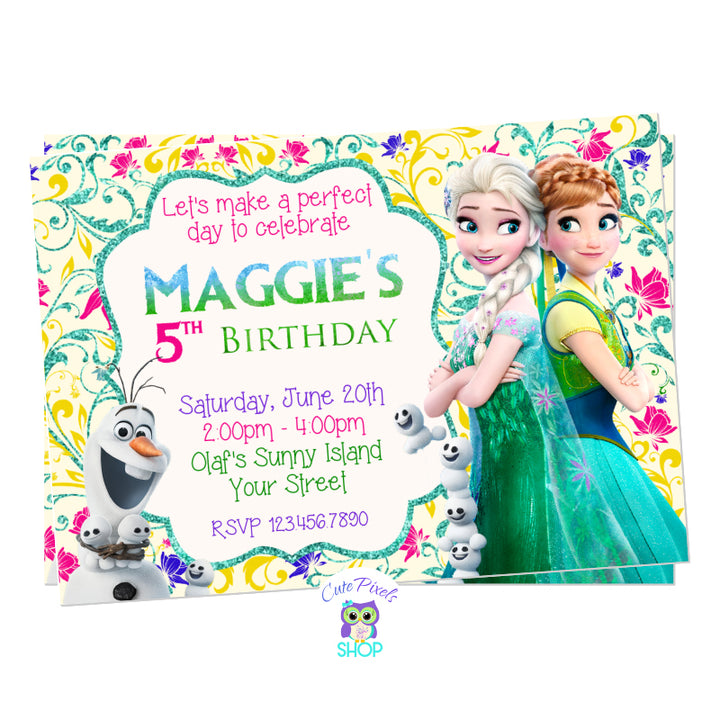 Frozen Invitation perfect for a Frozen Birthday with a cute floral background, Elsa, Anna and Olaf. Full of color and a spring or summer touch.