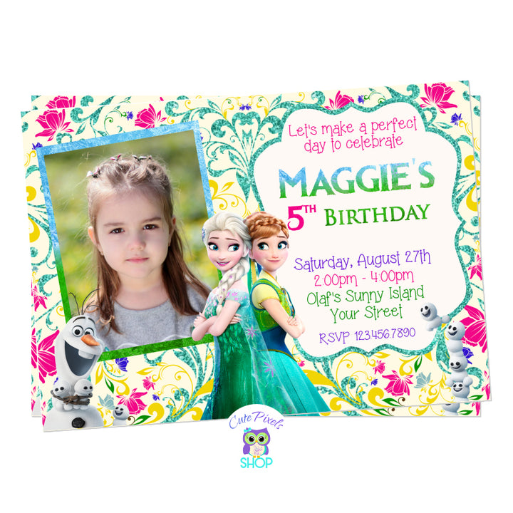 Frozen Invitation perfect for a Frozen Birthday with a cute floral background, Elsa, Anna and Olaf. Full of color and a spring or summer touch. Includes child's photo.