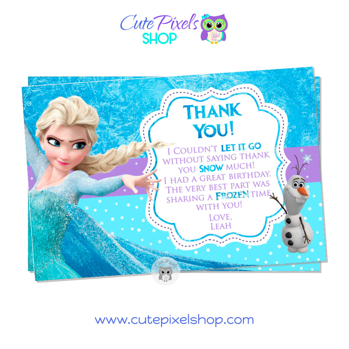 Disney Frozen Thank You Card. Elsa and Anna Frozen Card in a cute Ice and snow background with Queen Elsa, Princess Anna and Olaf.