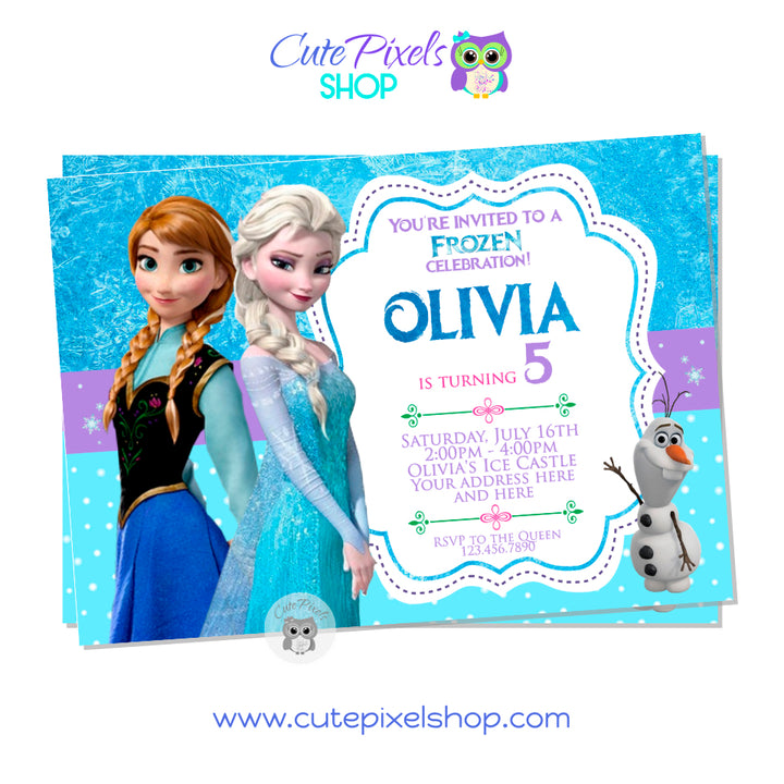 Disney Frozen Invitation. Elsa and Anna Frozen Birthday Invitation in a cute Ice and snow background with Queen Elsa, Princess Anna and Olaf.