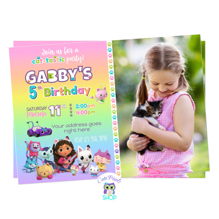 Gabby's Dollhouse invitation, full of cats including Gabby, Kitty Fairy, Cakey, Pillow, Carlita, Baby Box, Rat and all Gabbys Dollhouse friends. Includes child's photo