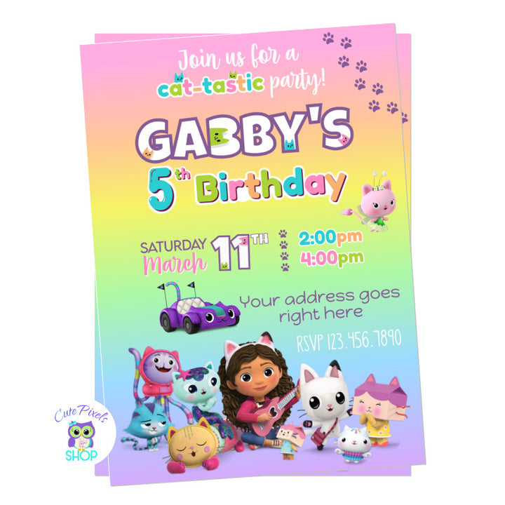 Gabby's Dollhouse invitation, full of cats including Gabby, Kitty Fairy, Cakey, Pillow, Carlita, Baby Box, Rat and all Gabbys Dollhouse friends.