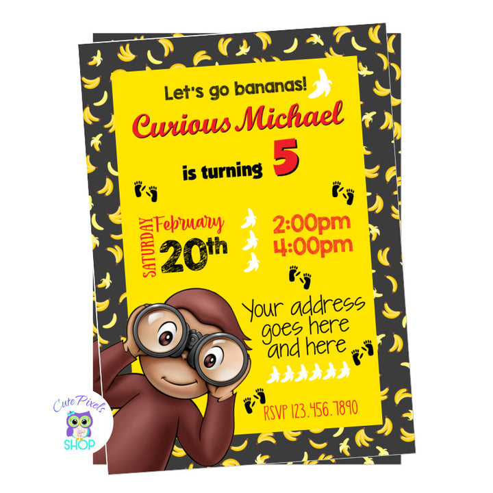 Curious George Invitation in a black and yellow background full of bananas with George holding binoculars, perfect for a Curious George birthday party!