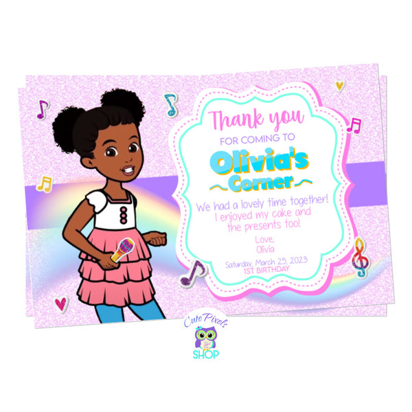 Gracie's Corner thank you card with Gracie singing, full of musical notes and a glitter Pink background