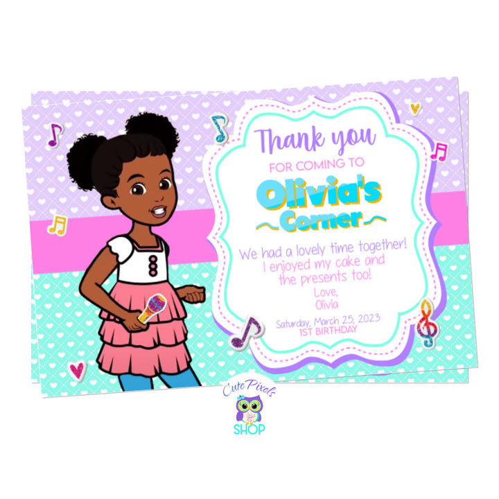 Gracie's Corner thank you card with Gracie singing, full of musical notes and a purple and teal background full of hearts.
