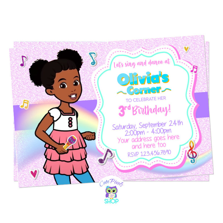Gracie's Corner Invitation with Gracie singing, musical notes, pink glitter background. Perfect for a Gracies Corner Birthday Party