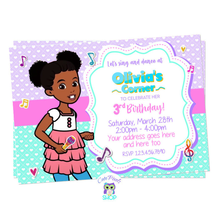 Gracie's Corner Invitation with Gracie singing, musical notes, Pink and teal background. Perfect for a Gracies Corner Birthday Party