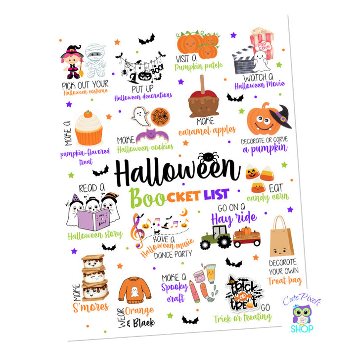 Halloween Bucket list, a list of halloween activities for kids and grown ups to make the halloween time extra special. Customize it with your own activities. Cute, not so scary design with lots of orange, black, purple and green. Stars, bats and dots among the activities. Each activity has a text and a cute matching graphic.
