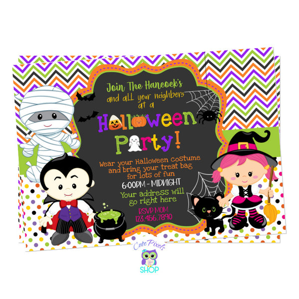 Halloween Party invitation with little one in costumes, a little witch a vampire and a mommy with a little black cat and a caldron for a not so spooky halloween party
