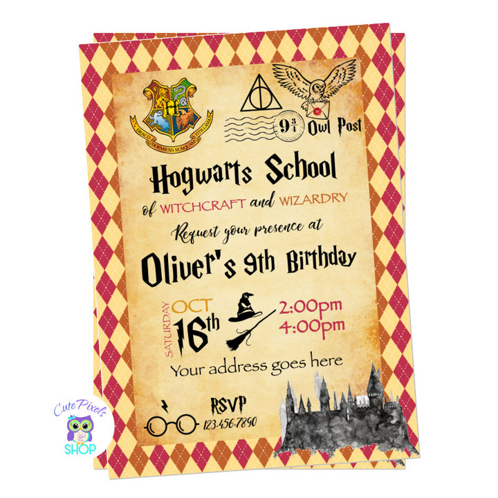 Harry Potter invitation. Hogwarts School is sending a request trough the Owl Post to all Witches and Wizards to celebrate a Harry Potter invitation. Parchment paper background with all symbols from Harry Potter.