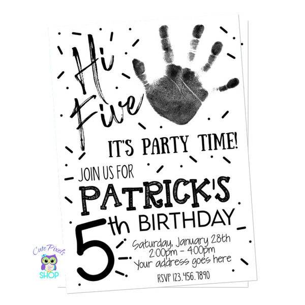 Hi Five invitation in black and white with a hand print