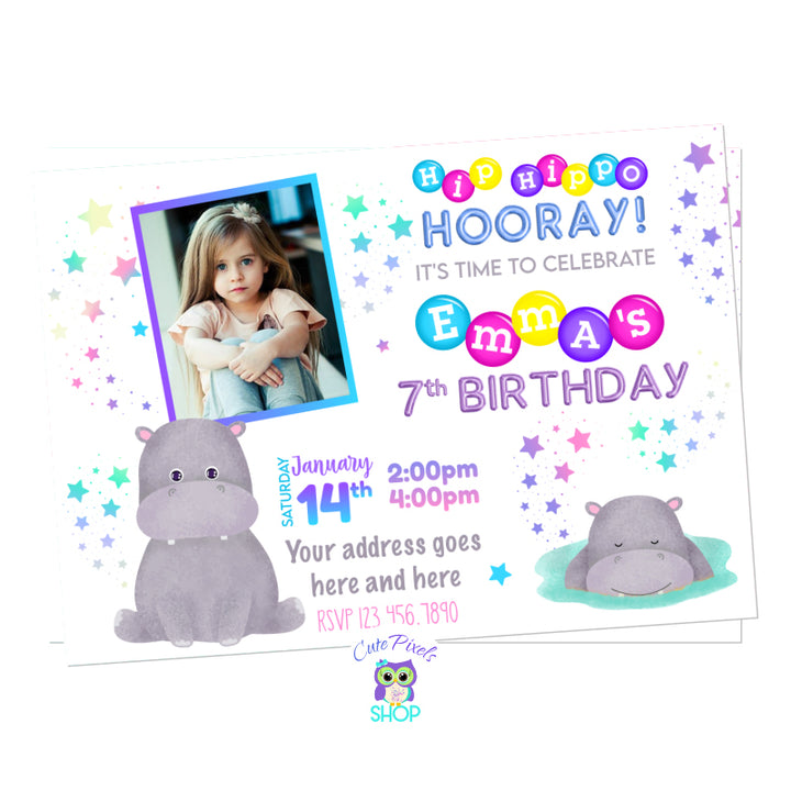 Hippo Invitation full of cute Hippos, Stars, Rainbow Colors. Includes child's photo. Perfect for a Hippo Birthday Party