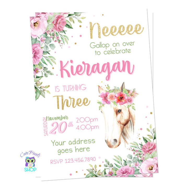 Horse Invitation for a Horse Birthday party. Cute floral invitation in pink and soft greens with a Horse with flowers.