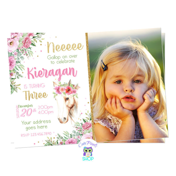 Horse Invitation for a Horse Birthday party. Cute floral invitation in pink and soft greens with a Horse with flowers. Includes child's photo