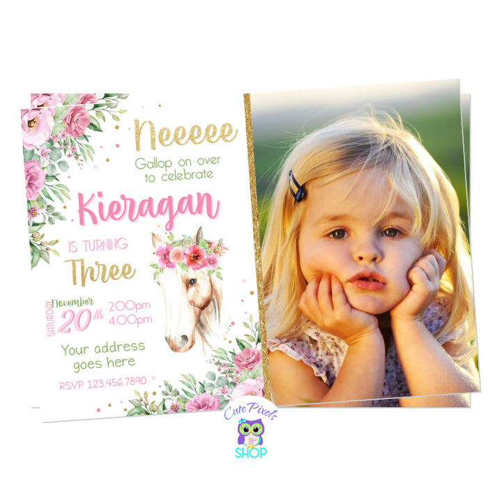 Horse Invitation for a Horse Birthday party. Cute floral invitation in pink and soft greens with a Horse with flowers. Includes child's photo