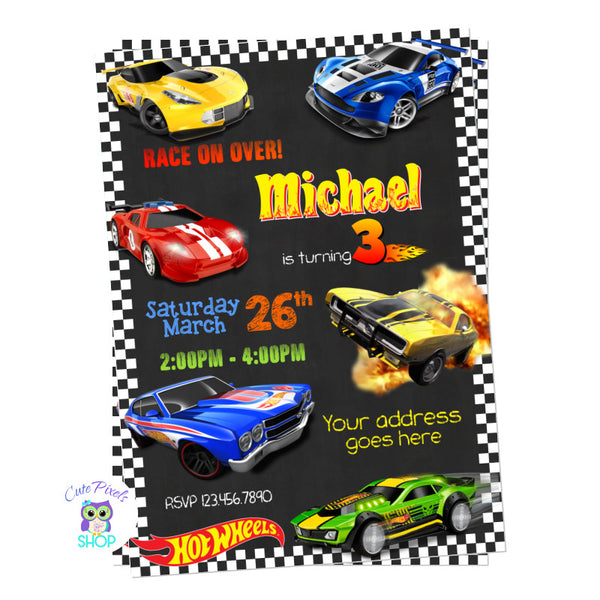 Hot Wheels invitation with multiple Hot wheels cars in a chalkboard background and racing flags all around.