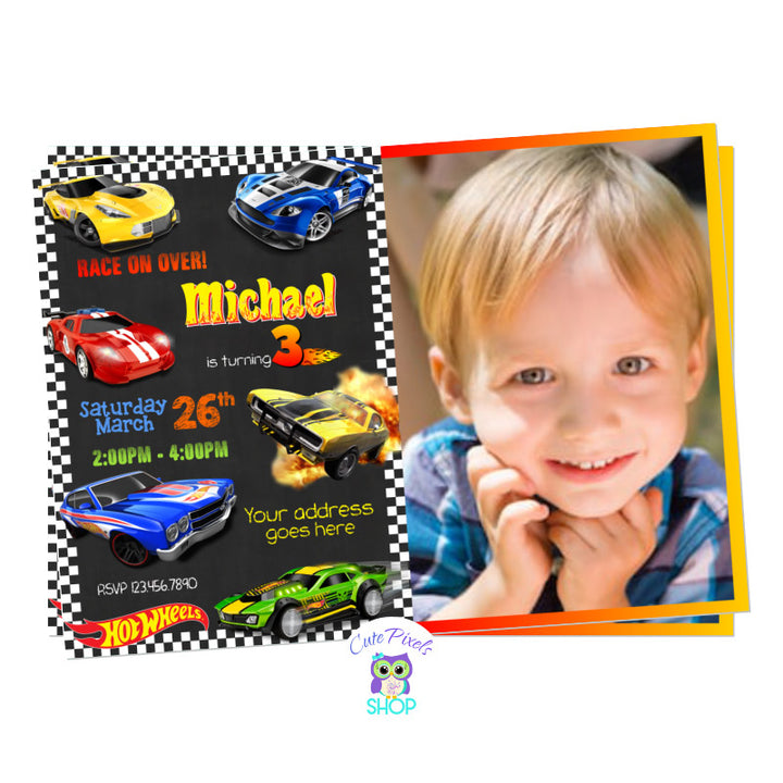 Hot Wheels invitation with multiple Hot wheels cars in a chalkboard background and racing flags all around. Includes child's photo