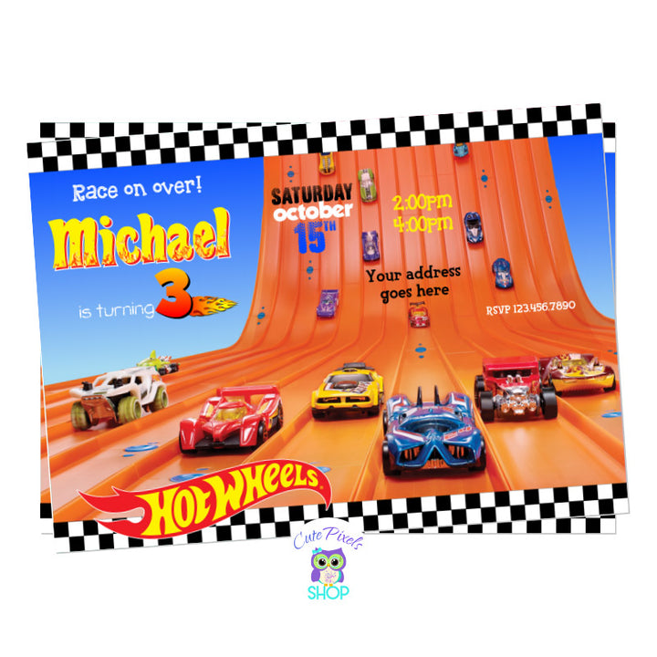 Hot Wheels invitation with a Hot Wheels track in the middle and lots of Hot Wheels cars. Perfect for a racing party.