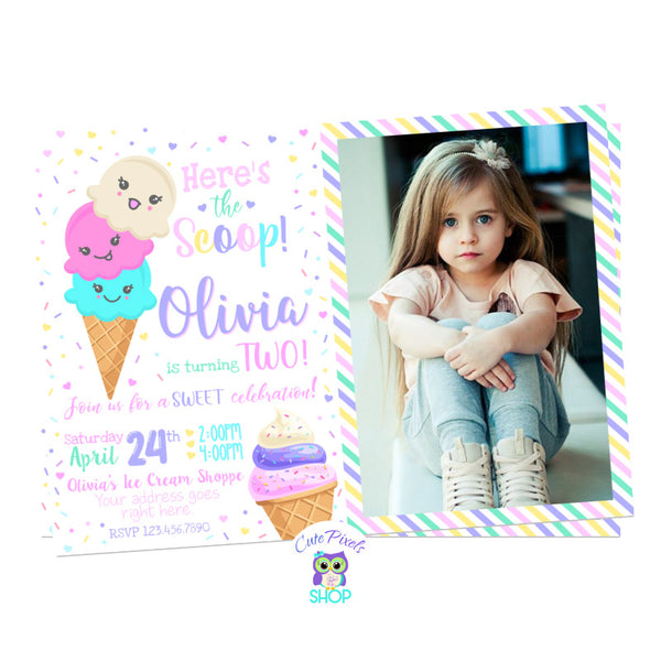 Ice Cream Invitation with Kawaii Ice Cream, full of sprinkles, hearts and rainbow colors, perfect for a sweet birthday party. Includes child's photo