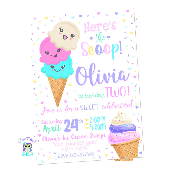 Ice Cream Invitation with Kawaii Ice Cream, full of sprinkles, hearts and rainbow colors, perfect for a sweet birthday party