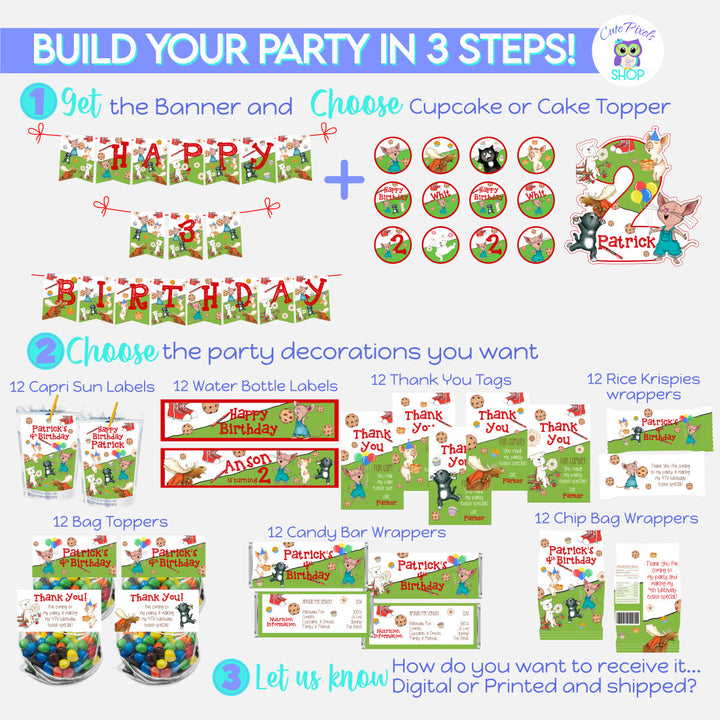 If you give a Mouse a Cookie Party decorations to build your party in three steps. Includes, Banner topper for you Cake or Cupcakes and the party decorations you want to choose.