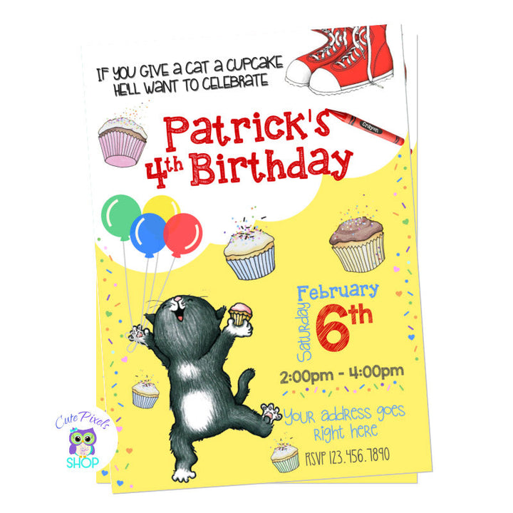 If you give a cat a cupcake invitation, from the Amazon prime show, Cat with cupcakes, balloons and Oliver's shoes. If you got a... Book series invitation