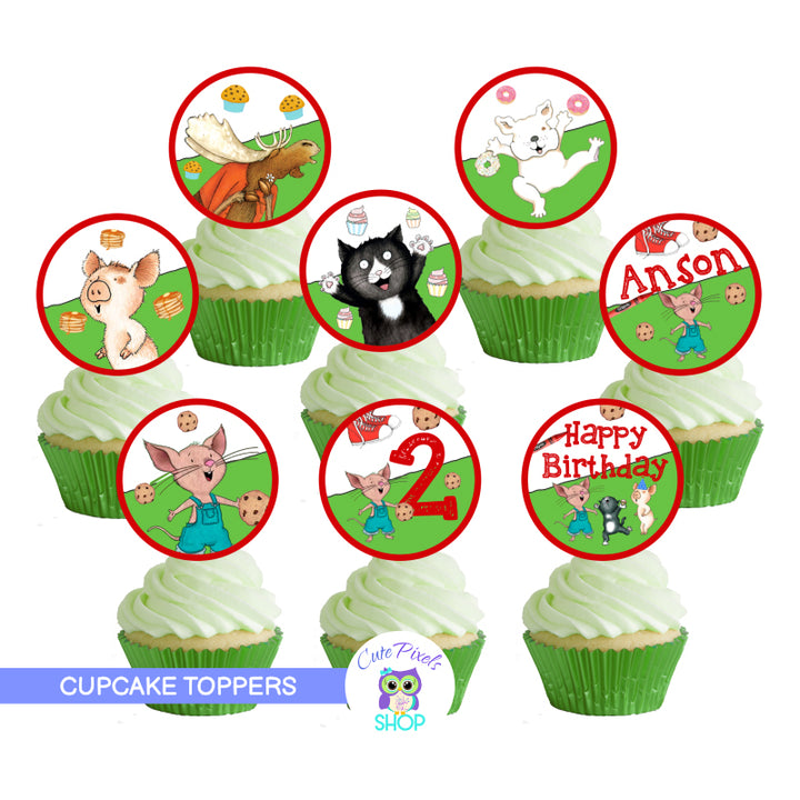 If you give a mouse a cookie cupcake toppers with Mouse, Pig, Cat, Moose and Dog. Customized with your child's name and age