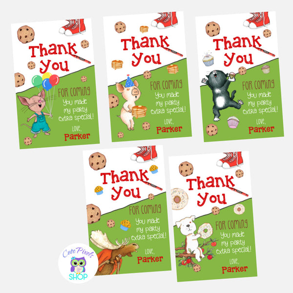 If you give a Mouse a Cookie thank you tags including Mouse, Pig, Cat, Dog and Moose, five different designs customized with your child's name.