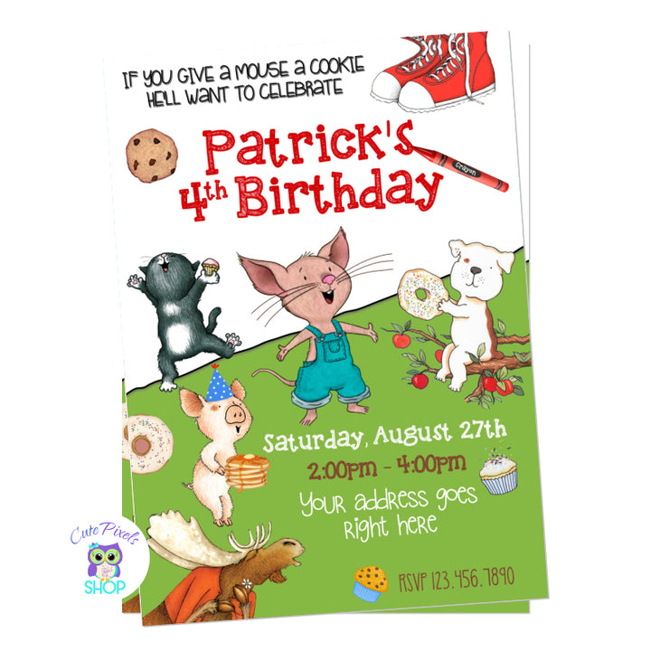 If you give a mouse a cookie invitation with all characters, Mouse, Cat, Pig, Dog, Moose. Perfect for a If you give a... book and Amazon series.