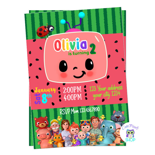 Cocomelon Invitation for a Birthday full of Nursery Rhymes. All Cocomelon characters in a cute watermelon pattern