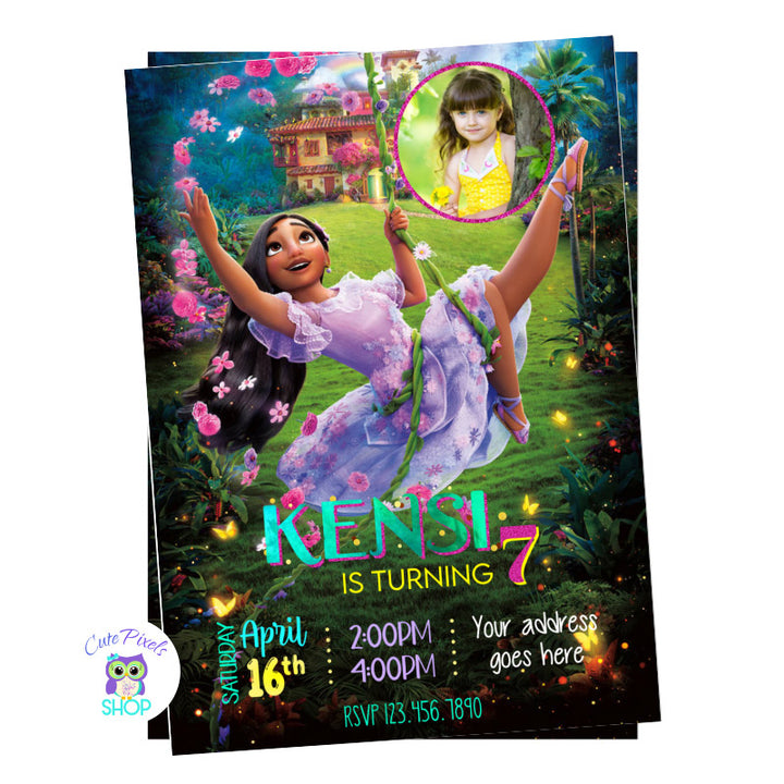 Isabela Encanto invitation with Isabela throwing flowers in front of the casita. Perfect for an encanto Birthday Party. Includes child's photo